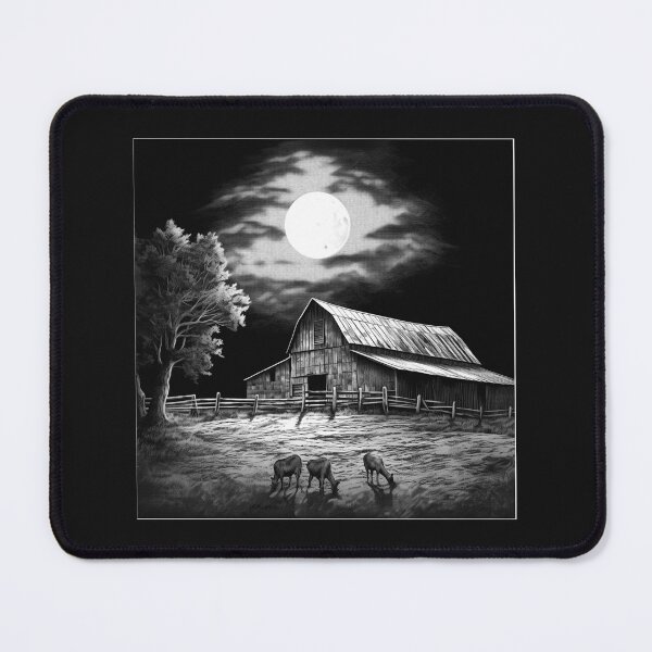 Item preview, Black and White Moonlit Barn Farm Landscape designed and sold by inkoutninja.