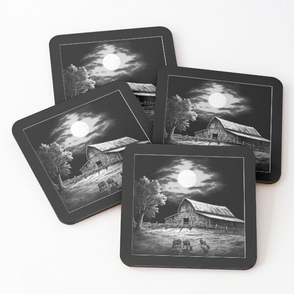 Item preview, Black and White Moonlit Barn Farm Landscape designed and sold by inkoutninja.