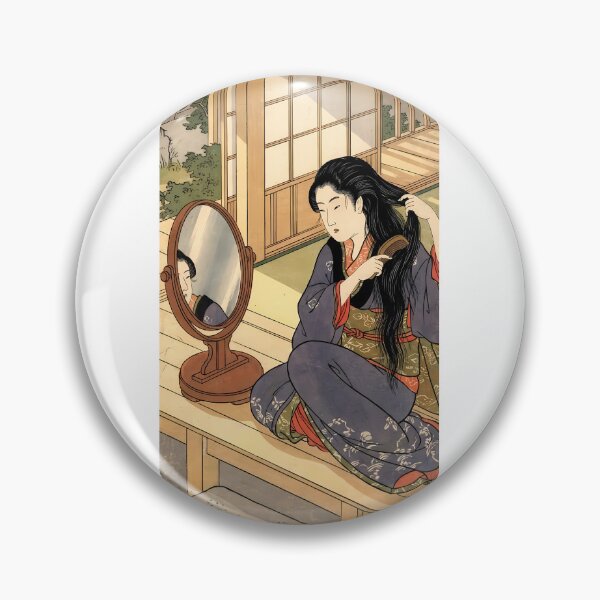 Item preview, Traditional Japanese Woman Combing Hair by Mirror - Ukiyo-e Bijinga Art designed and sold by TokyoUkiyoHouse.