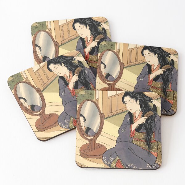 Item preview, Traditional Japanese Woman Combing Hair by Mirror - Ukiyo-e Bijinga Art designed and sold by TokyoUkiyoHouse.
