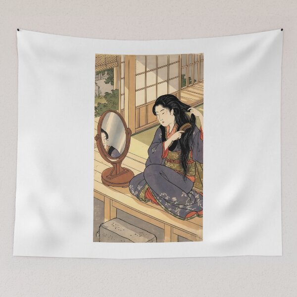 Item preview, Traditional Japanese Woman Combing Hair by Mirror - Ukiyo-e Bijinga Art designed and sold by TokyoUkiyoHouse.