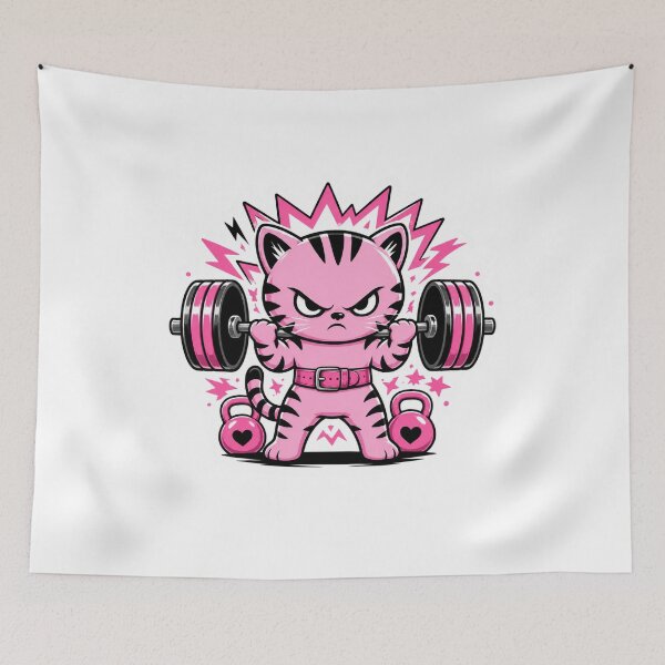 Item preview, Anime Style Fierce Pink Cat Lifting Weights Gym designed and sold by Digistore1221.