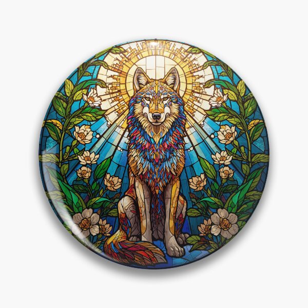 Item preview, Sacred Wolf Stained Glass Art – Colorful Spirit Wolf in Blooming Garden designed and sold by KiraChie.