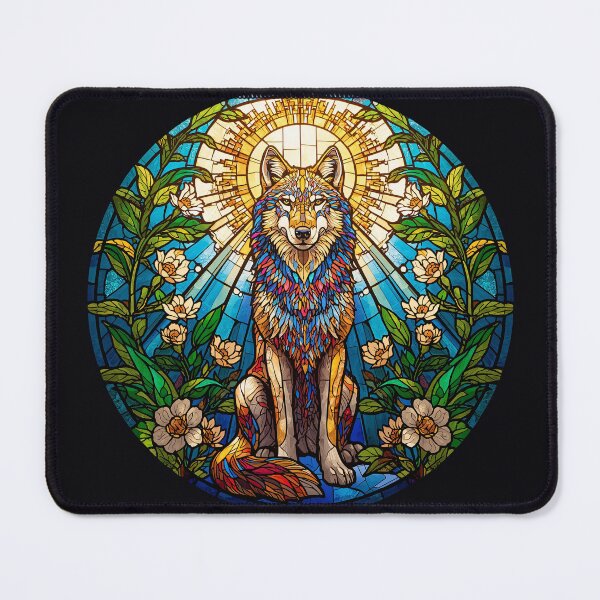 Item preview, Sacred Wolf Stained Glass Art – Colorful Spirit Wolf in Blooming Garden designed and sold by KiraChie.