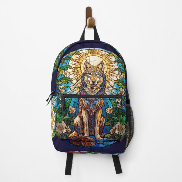Item preview, Sacred Wolf Stained Glass Art – Colorful Spirit Wolf in Blooming Garden designed and sold by KiraChie.
