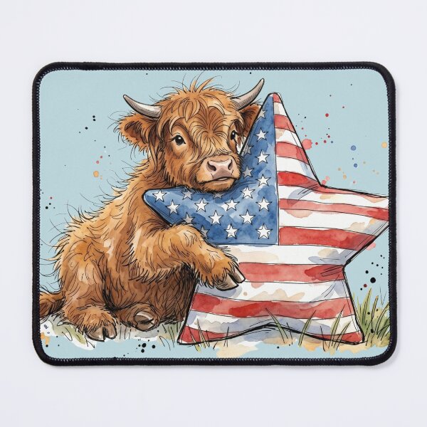 Item preview, Cute Watercolor Highland Cow with Star American Flag designed and sold by BreezifyDesignStudio.