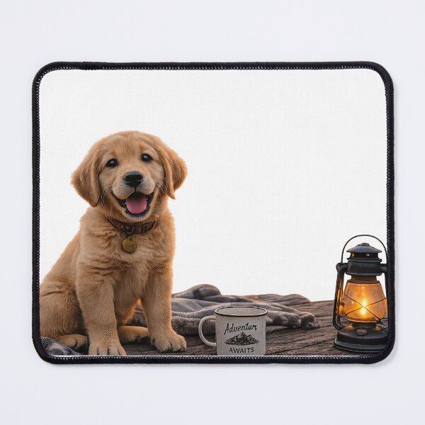 Item preview, Golden Retriever Puppy Camping Wall Art, Cute Dog Photography Print, Adventure Awaits Decor, Cozy Pet Lover Gift designed and sold by Hookesmode.