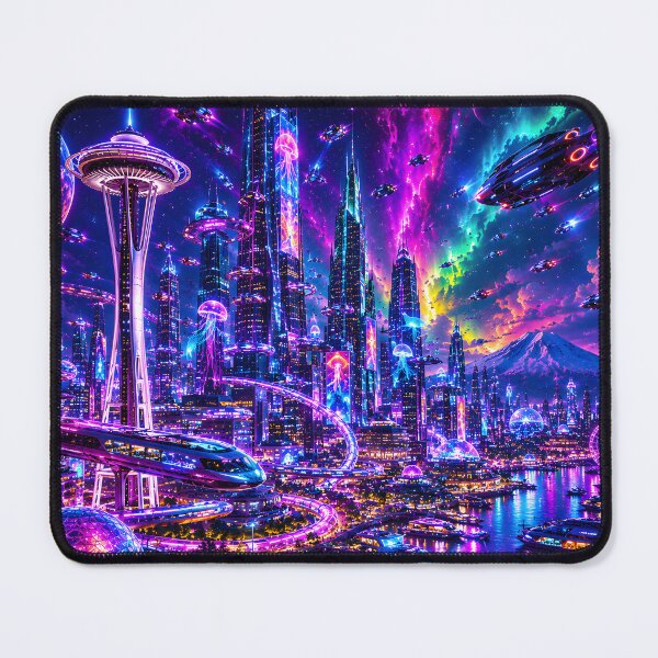 Item preview, Seattle 3026: Futuristic Neon Night Cityscape | Cyberpunk Space Needle Skyline designed and sold by RockyLambda.