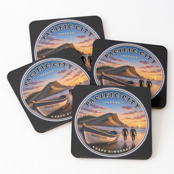 Item preview, Pacific City Oregon Badge | Cape Kiwanda Sunset Surfers & Dory Boats Vintage Travel Design designed and sold by Swanny's Custom T-shirt and Gift Designs.