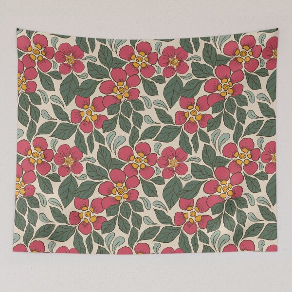 Item preview, Large Crimson Folk Floral Botanical Pattern Ivory Background designed and sold by DColourMuse.