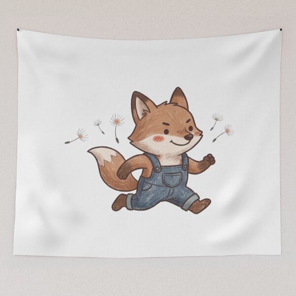 Item preview, Cute Little Fox Running in Denim Overalls with Dandelion Fluff Illustration designed and sold by TaiwanMemory.