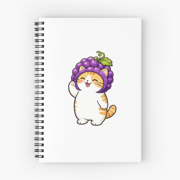 Artikelvorschau, Niedliche orange Katze mit Traubenhut, Kawaii-Illustration einer lila Frucht-Ingwerkatze entworfen und verkauft von NoopnyangStudio.