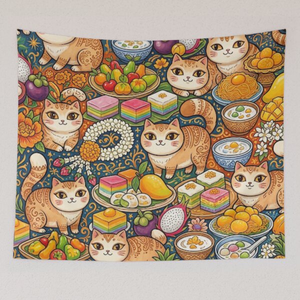 Item preview, Cute Cats and Tropical Fruit Feast Pattern designed and sold by Iampoji.