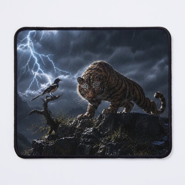 Item preview, Korean Minhwa Tiger Standing on a Mountain Rock During a Lightning Storm designed and sold by K-Tradition.