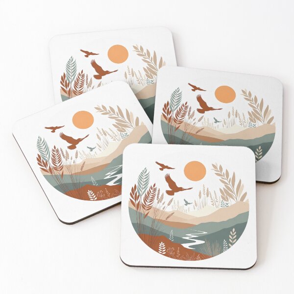 Item preview, Boho Flying Birds Landscape | Retro River Sunset Nature Illustration designed and sold by GalleryPeak.