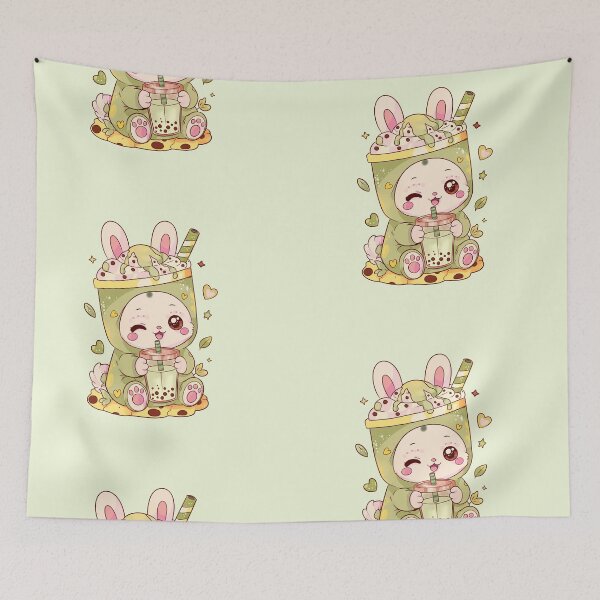 Item preview, Kawaii matcha boba bunny – cute pastel bubble tea bunny designed and sold by StudioPeachPop.