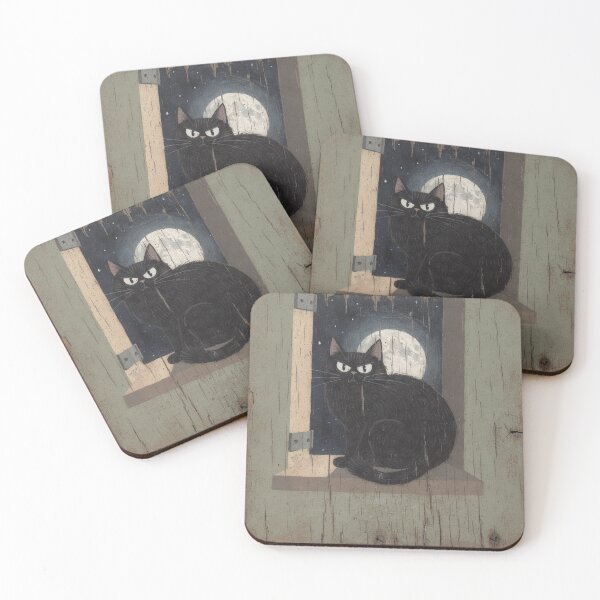 Item preview, Black Cat Wedged on a Moonlit Windowsill designed and sold by PictorialWhimsy.