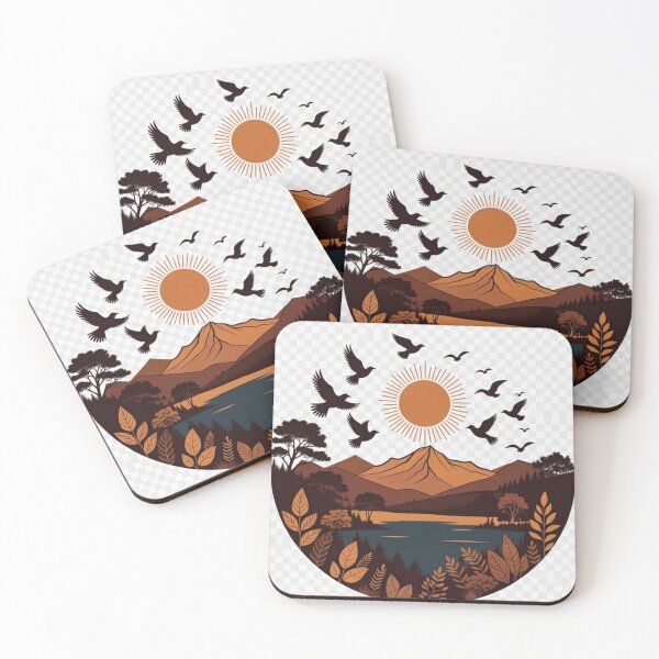 Item preview, Boho Mountain Lake with Flying Birds | Retro Wilderness Nature Illustration designed and sold by GalleryPeak.