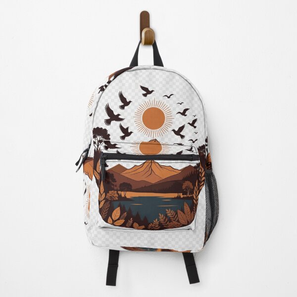 Item preview, Boho Mountain Lake with Flying Birds | Retro Wilderness Nature Illustration designed and sold by GalleryPeak.