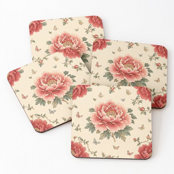 Item preview, Centered Red Peony with Corner Peonies, Songbirds & Butterflies Pattern | Korean Minhwa Folk Art Design designed and sold by K-Tradition.