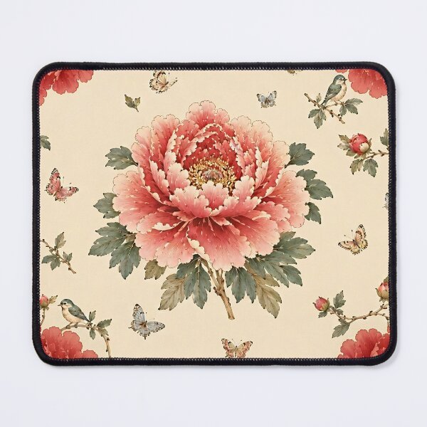 Item preview, Centered Red Peony with Corner Peonies, Songbirds & Butterflies Pattern | Korean Minhwa Folk Art Design designed and sold by K-Tradition.
