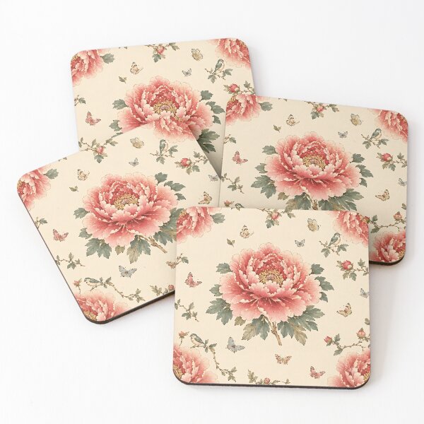 Item preview, Centered Pink Peony with Corner Peonies, Songbirds & Butterflies Pattern | Korean Minhwa Folk Art Design designed and sold by K-Tradition.