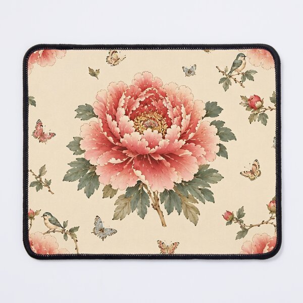 Item preview, Centered Pink Peony with Corner Peonies, Songbirds & Butterflies Pattern | Korean Minhwa Folk Art Design designed and sold by K-Tradition.