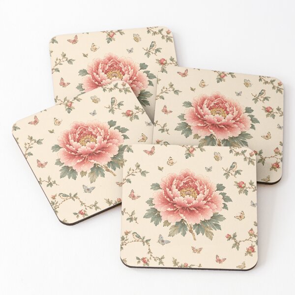 Item preview, Large Pink Peony Centered Pattern with Songbirds & Butterflies | Korean Minhwa Folk Art Design designed and sold by K-Tradition.
