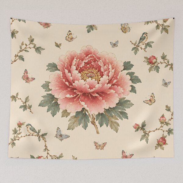 Item preview, Large Pink Peony Centered Pattern with Songbirds & Butterflies | Korean Minhwa Folk Art Design designed and sold by K-Tradition.