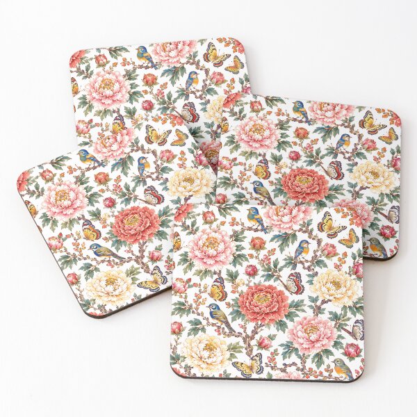 Item preview, Red Peony Centered Pattern with Songbirds & Butterflies | Korean Minhwa Folk Art Design designed and sold by K-Tradition.