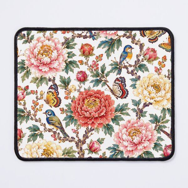 Item preview, Red Peony Centered Pattern with Songbirds & Butterflies | Korean Minhwa Folk Art Design designed and sold by K-Tradition.