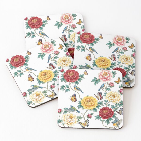 Item preview, Red Peonies, Songbirds & Butterflies Pattern with Airy Spacing | Korean Minhwa Folk Art Design designed and sold by K-Tradition.