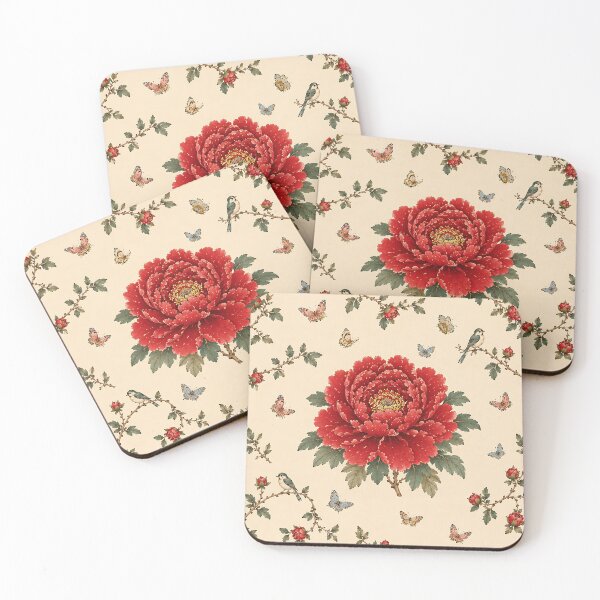 Item preview, Large Red Peony Centered Pattern with Songbirds & Butterflies | Korean Minhwa Folk Art Design designed and sold by K-Tradition.