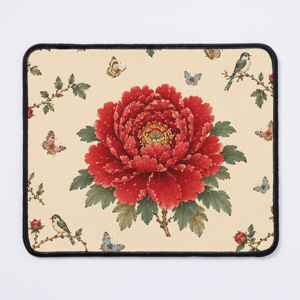 Item preview, Large Red Peony Centered Pattern with Songbirds & Butterflies | Korean Minhwa Folk Art Design designed and sold by K-Tradition.