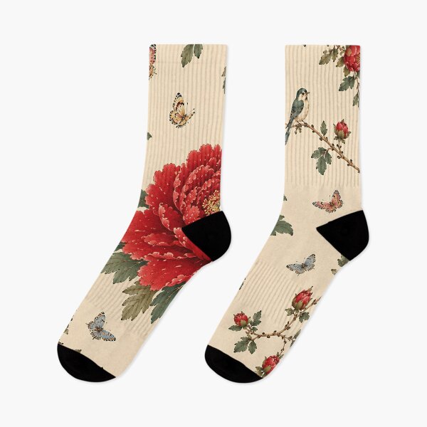 Item preview, Large Red Peony Centered Pattern with Songbirds & Butterflies | Korean Minhwa Folk Art Design designed and sold by K-Tradition.