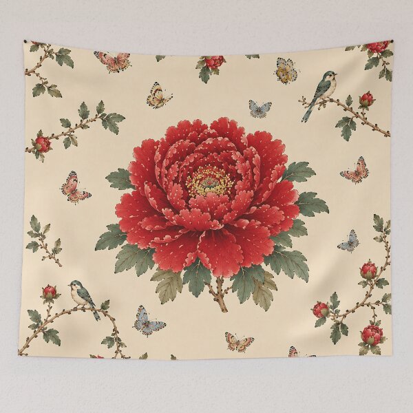 Item preview, Large Red Peony Centered Pattern with Songbirds & Butterflies | Korean Minhwa Folk Art Design designed and sold by K-Tradition.