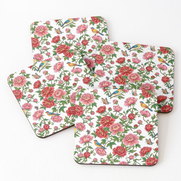 Item preview, Red & Pink Peonies, Songbirds & Butterflies Pattern | Korean Minhwa Folk Art Seamless Floral Design designed and sold by K-Tradition.