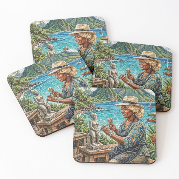 Item preview, WOMAN SCULPTOR IN TROPICAL PARADISE MOSAIC ART WITH VOLCANOES AND SEA designed and sold by Curiosiart.