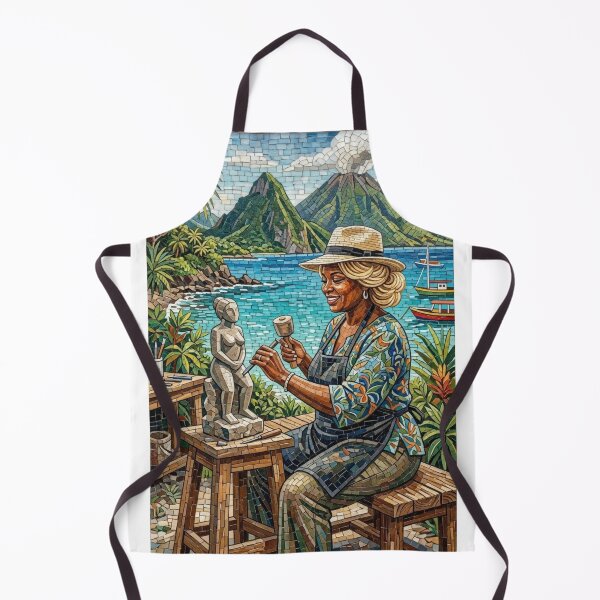 Item preview, WOMAN SCULPTOR IN TROPICAL PARADISE MOSAIC ART WITH VOLCANOES AND SEA designed and sold by Curiosiart.