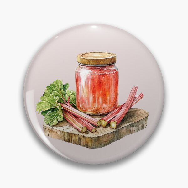 Item preview, Rhubarb Stalks Leaves and Strawberry Rhubarb Jam on Wooden Cutting Board designed and sold by EmeraldeaArt.