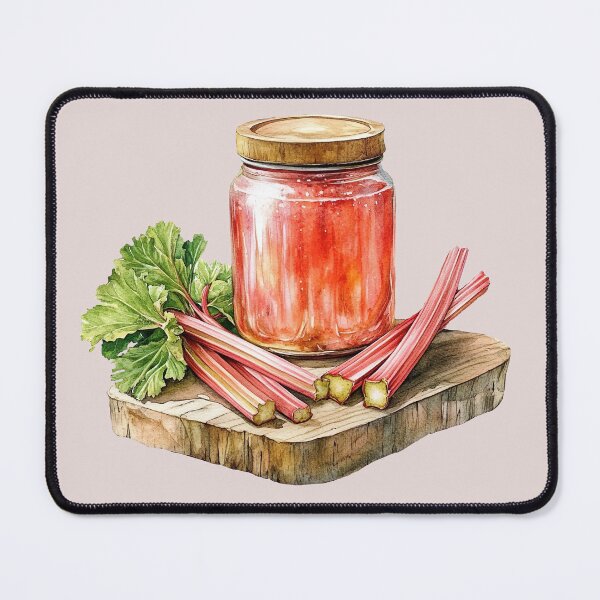 Item preview, Rhubarb Stalks Leaves and Strawberry Rhubarb Jam on Wooden Cutting Board designed and sold by EmeraldeaArt.