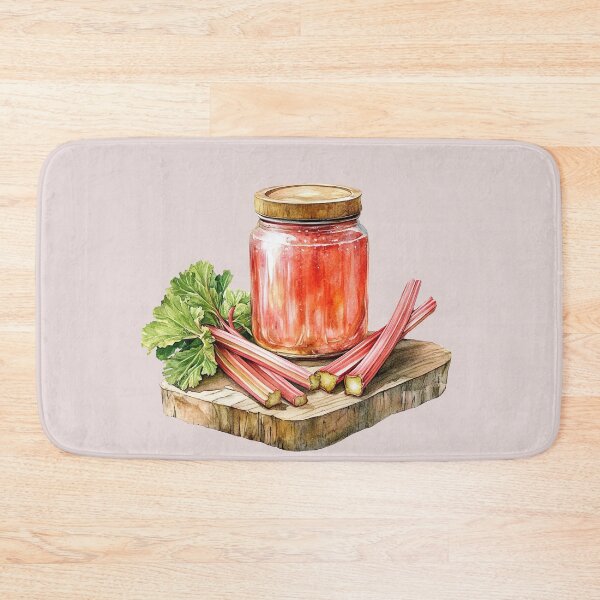 Item preview, Rhubarb Stalks Leaves and Strawberry Rhubarb Jam on Wooden Cutting Board designed and sold by EmeraldeaArt.