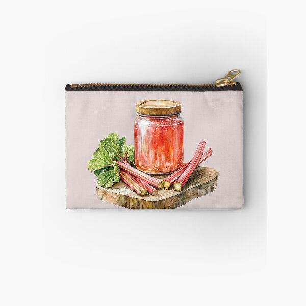 Item preview, Rhubarb Stalks Leaves and Strawberry Rhubarb Jam on Wooden Cutting Board designed and sold by EmeraldeaArt.