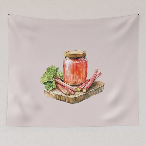 Item preview, Rhubarb Stalks Leaves and Strawberry Rhubarb Jam on Wooden Cutting Board designed and sold by EmeraldeaArt.