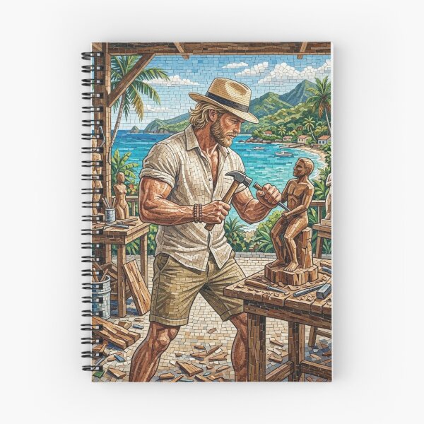 Item preview, ARTISAN SCULPTOR CARVING WOOD ON THE BEACH designed and sold by Curiosiart.