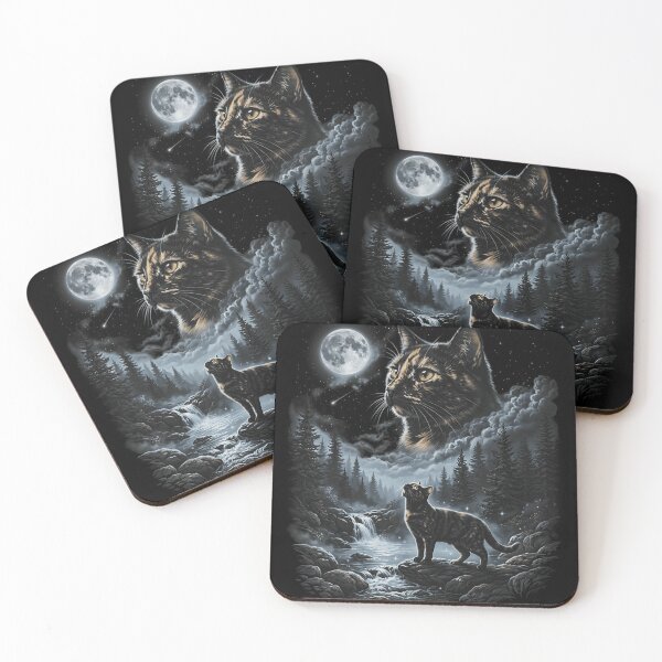 Item preview, Mystic Tortoiseshell Cat Under Full Moon Night Forest River Wildlife Watercolor Design designed and sold by WilliaMaler.