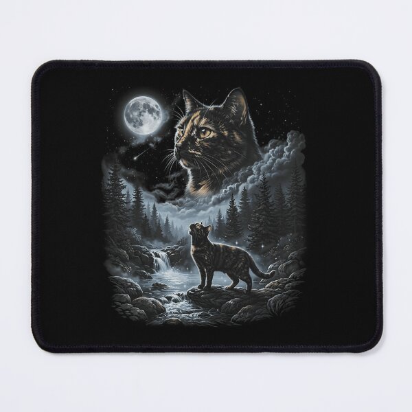 Item preview, Mystic Tortoiseshell Cat Under Full Moon Night Forest River Wildlife Watercolor Design designed and sold by WilliaMaler.