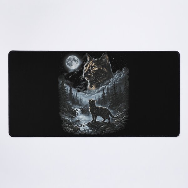 Item preview, Mystic Tortoiseshell Cat Under Full Moon Night Forest River Wildlife Watercolor Design designed and sold by WilliaMaler.