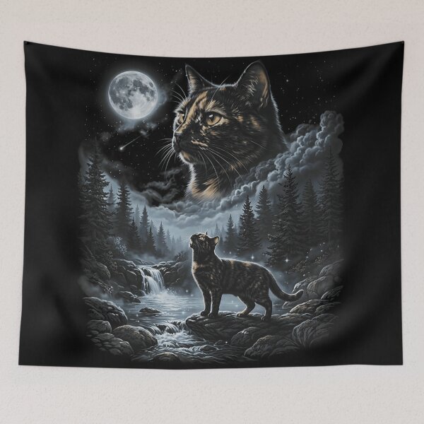 Item preview, Mystic Tortoiseshell Cat Under Full Moon Night Forest River Wildlife Watercolor Design designed and sold by WilliaMaler.