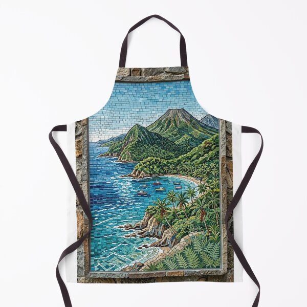 Item preview, Tropical mosaic of a volcanic island with beach, boats, and palm trees on the coast designed and sold by Curiosiart.